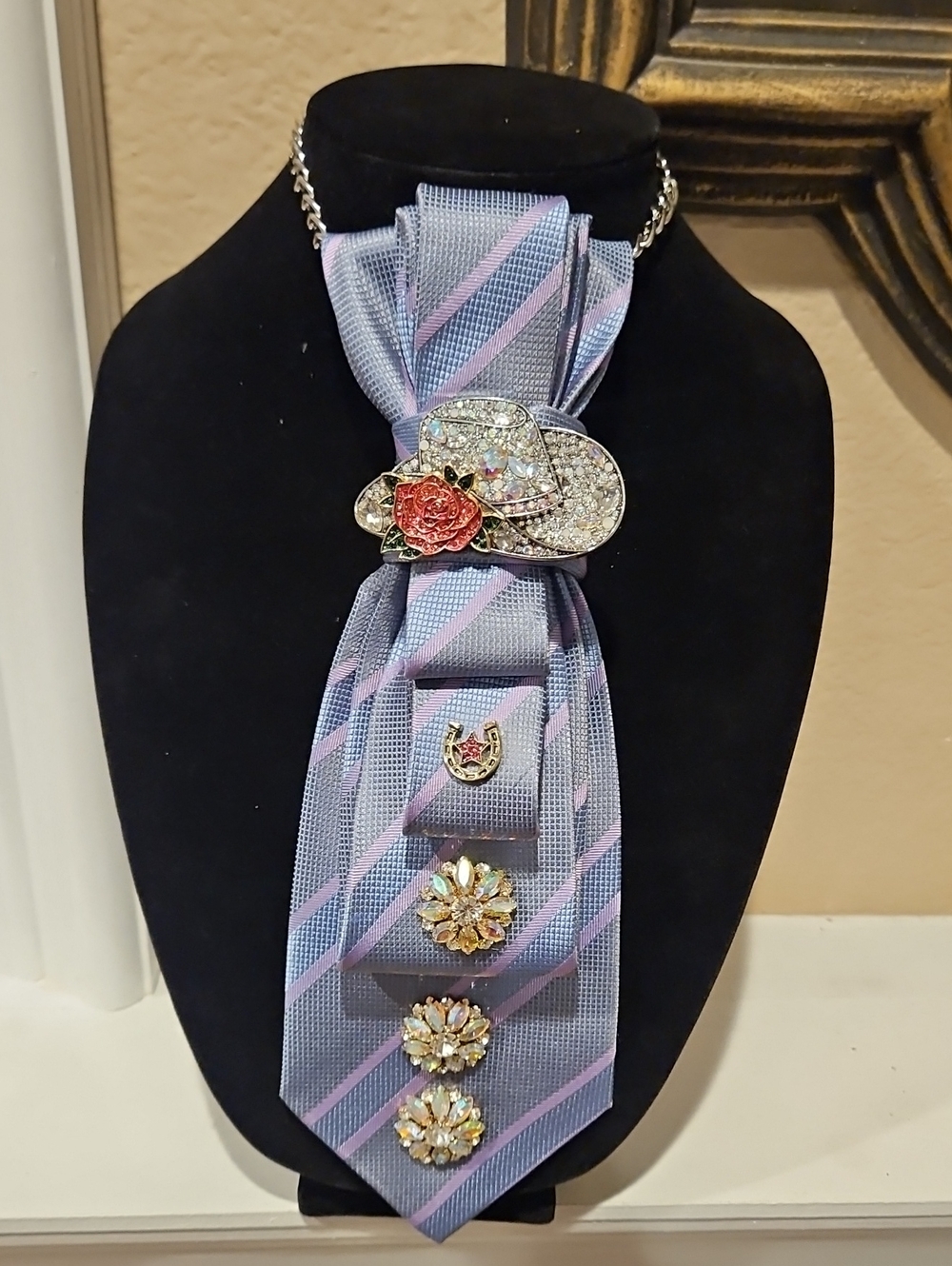 Crystal Floral Hat Brooch and Buttons on a Lavender and Pink Necktie Necklace